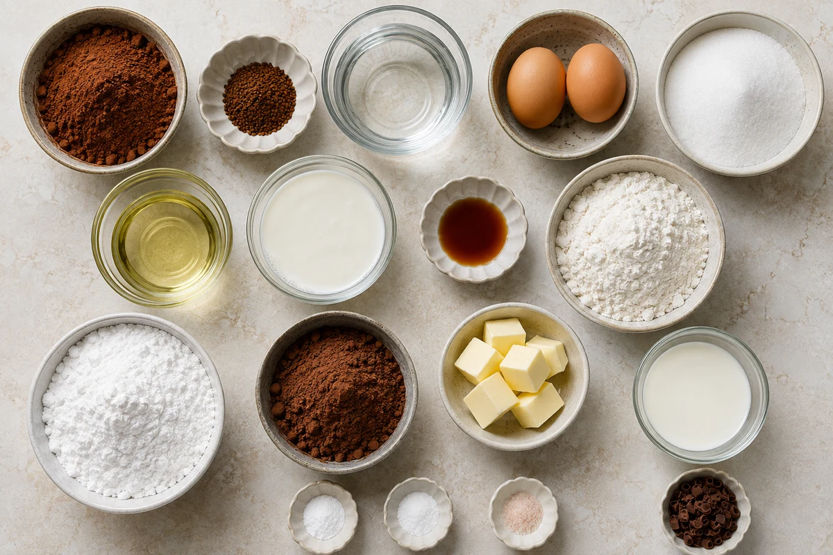 Dutch cocoa, coffee, eggs, sugar, oil, buttermilk, vanilla, flour, leaveners, butter, milk, and chocolate curls