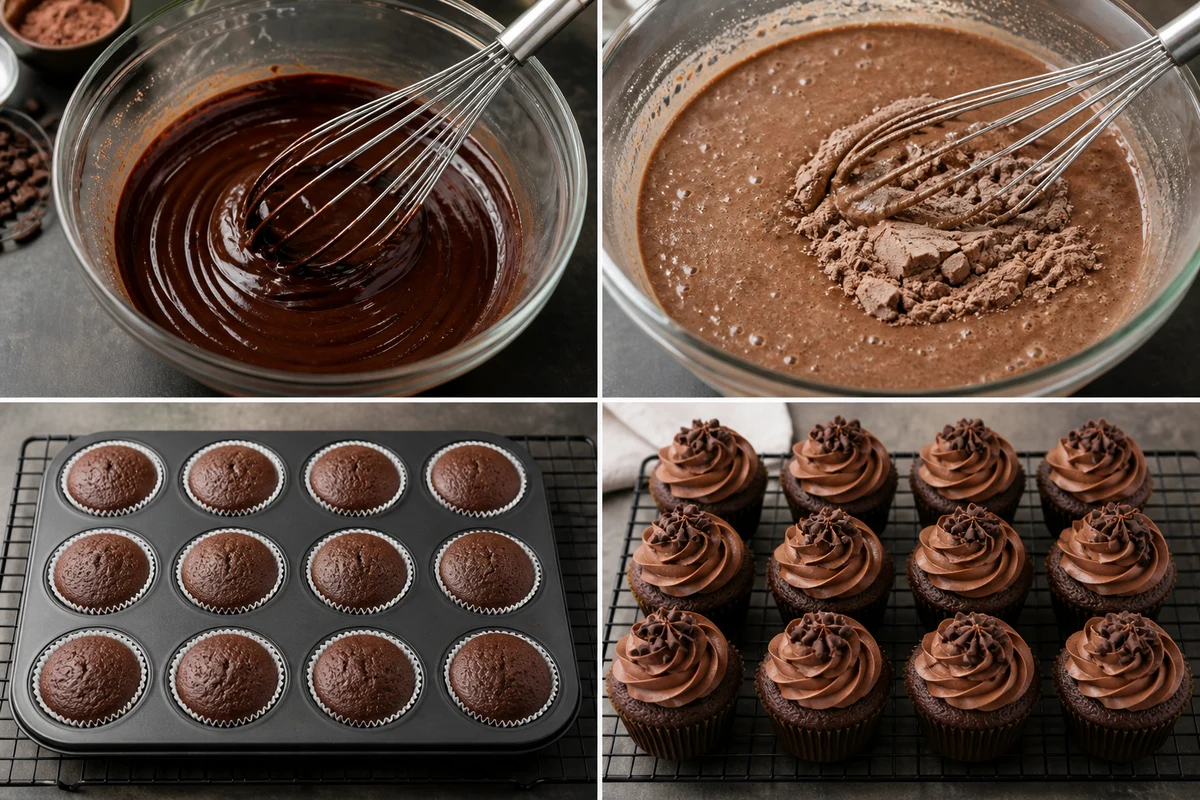 Four stages showing cocoa coffee paste, thin chocolate batter, 12 baked cupcakes, and 12 frosted cupcakes