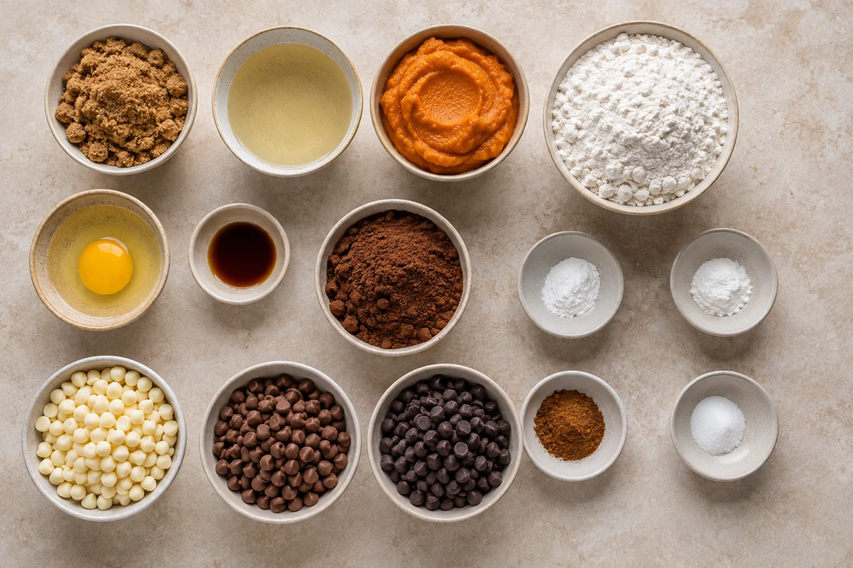 Pumpkin, brown sugar, oil, egg, vanilla, flour, dark cocoa, leaveners, spice, salt, and three chocolates