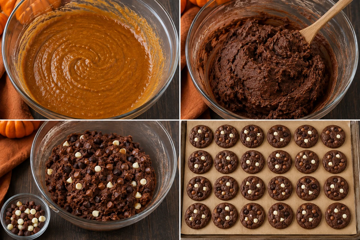 Four stages showing pumpkin mixture, cocoa dough, triple chocolate chips, and 24 baked cookies