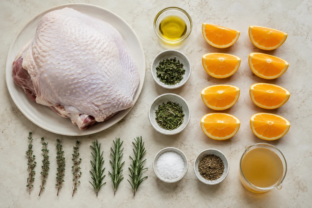 Bone-in turkey breast, olive oil, chopped herbs, salt, pepper, orange wedges, herb sprigs, and broth
