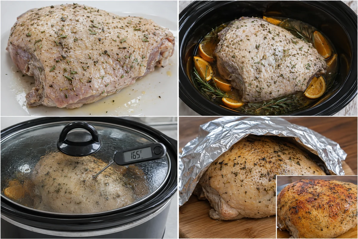 Four stages showing seasoned turkey, citrus herb slow cooker, 165 degree temperature check, and rested turkey