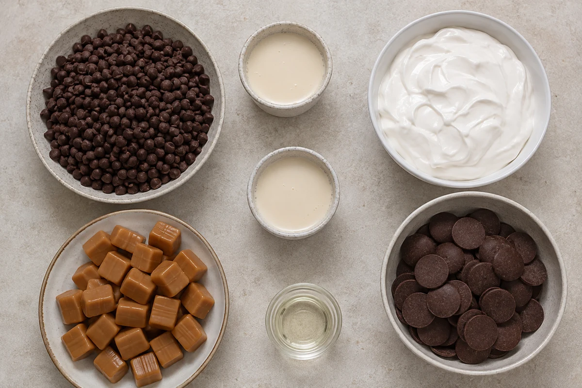 Chocolate chips, evaporated milk, marshmallow fluff, caramels, melting wafers, and vegetable oil
