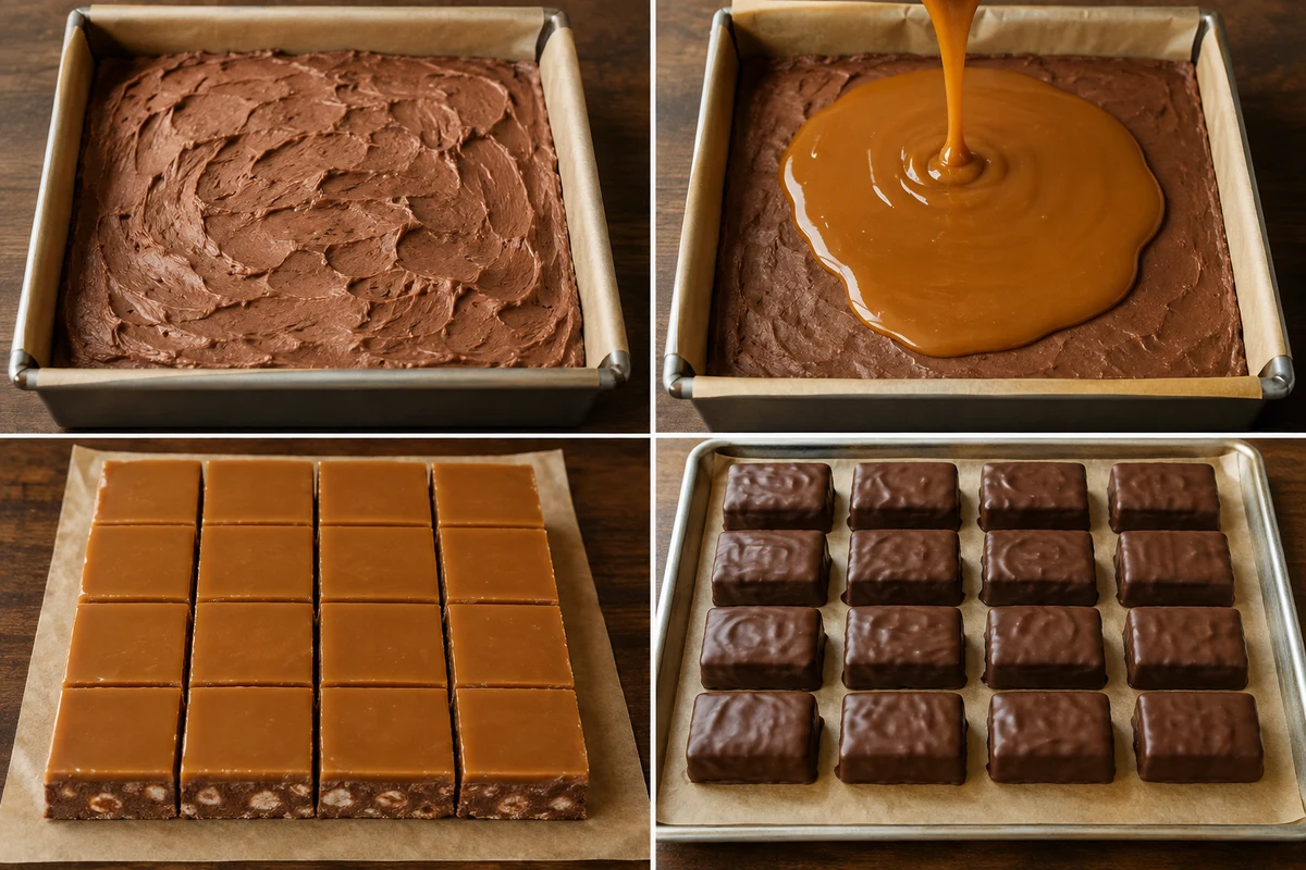 Four stages showing chocolate nougat, caramel layer, 16 cut centers, and 16 coated candy bars