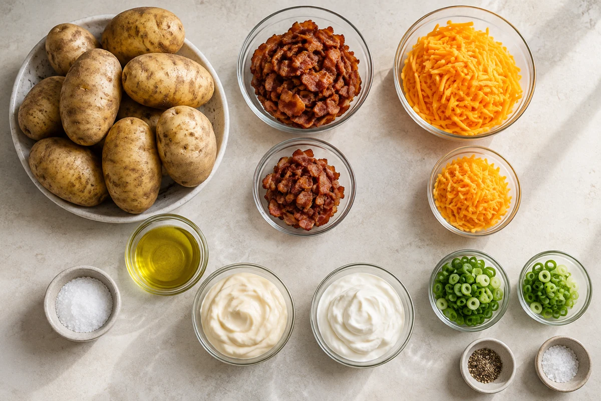 Eight potatoes, olive oil, salt, two portions of bacon and cheddar, mayonnaise, sour cream, onions, and pepper