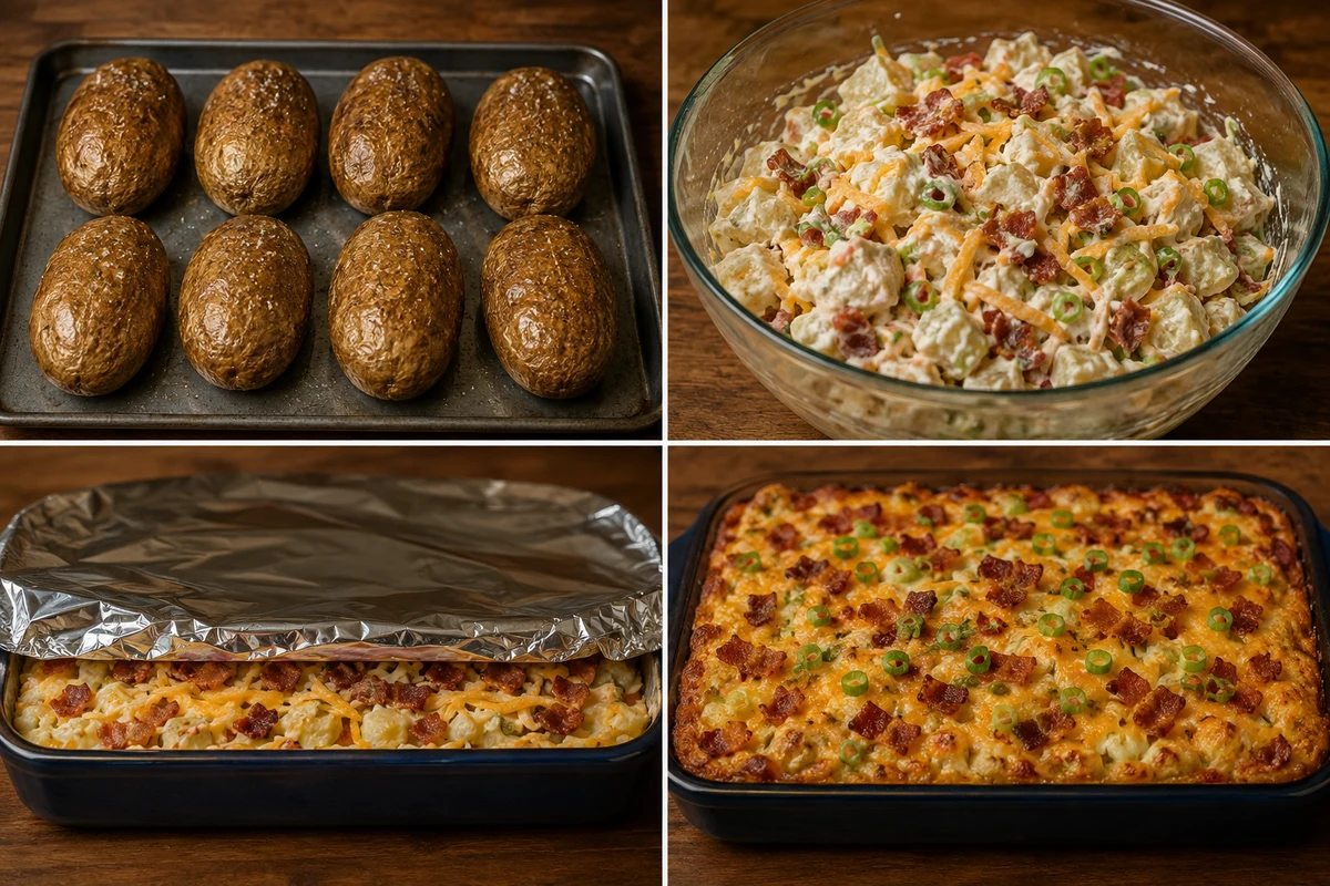 Four stages showing eight baked potatoes, creamy loaded mixture, covered casserole, and golden finished top