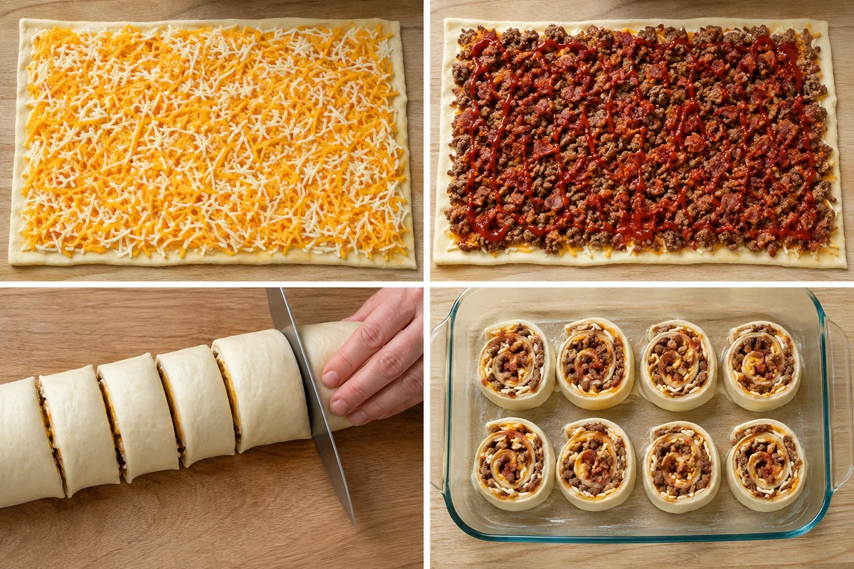 Four stages showing cheese-covered dough, meat and sauce, slicing the roll, and eight pinwheels in a baking dish