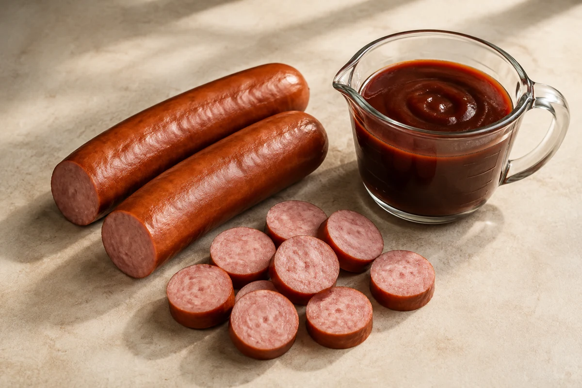 Two smoked sausage portions and a measuring jug of barbecue sauce