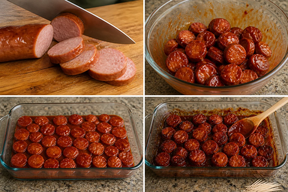 Four stages showing sliced smoked sausage mixed with barbecue sauce and baked until thick