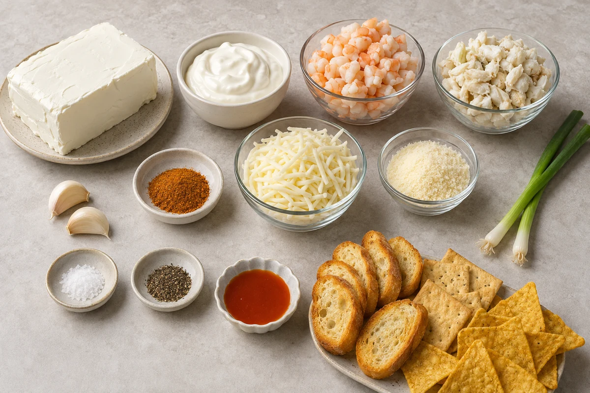 Cream cheese, sour cream, shrimp, lump crab, cheeses, seasonings, green onions, and dippers
