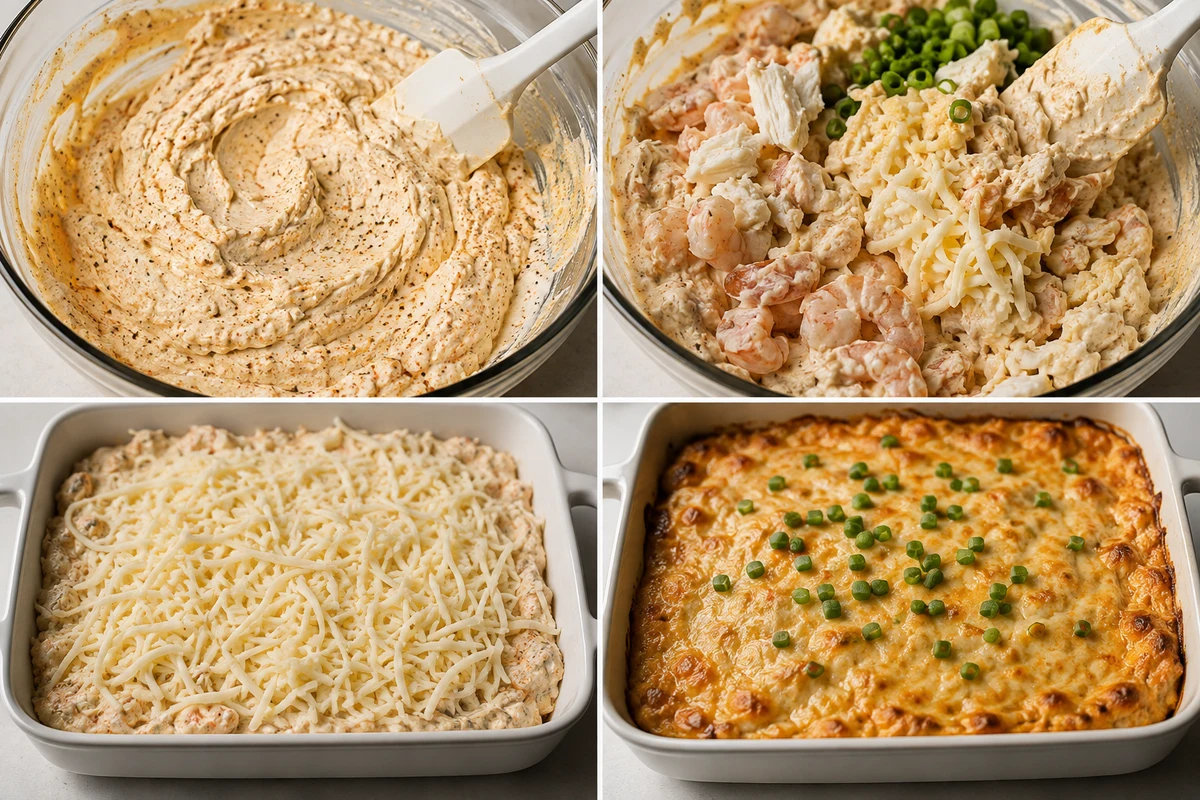 Four stages showing seasoned cream base, seafood folded in, mozzarella topping, and baked seafood dip