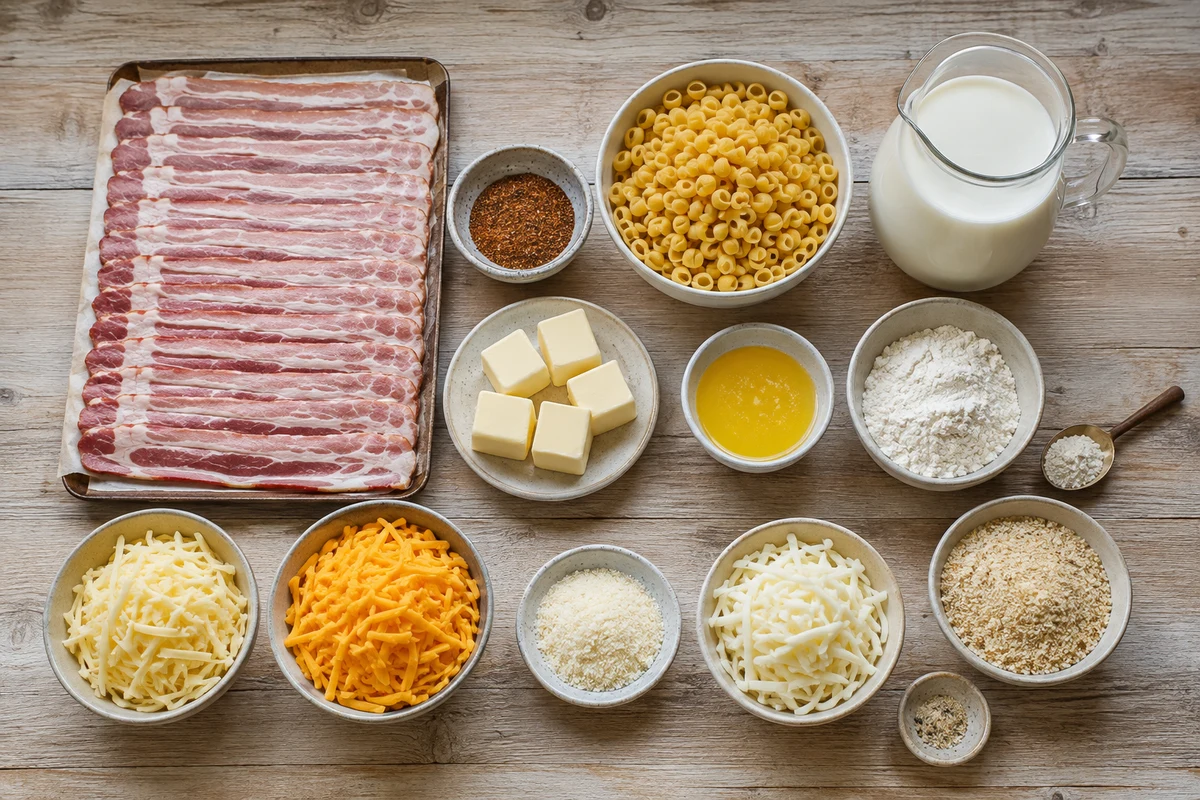 Bacon, pasta, milk, butter, flour, four cheeses, breadcrumbs, and barbecue seasonings