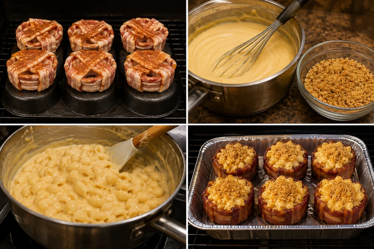 Four stages showing six bacon cups, cheese sauce and crumbs, pasta mixed with sauce, and six filled cups