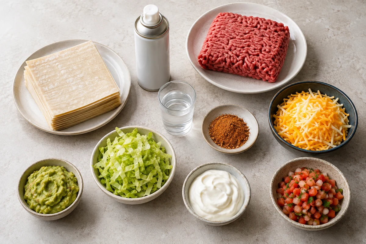 Wonton wrappers, lean beef, taco seasoning, cheese, lettuce, guacamole, sour cream, and pico de gallo