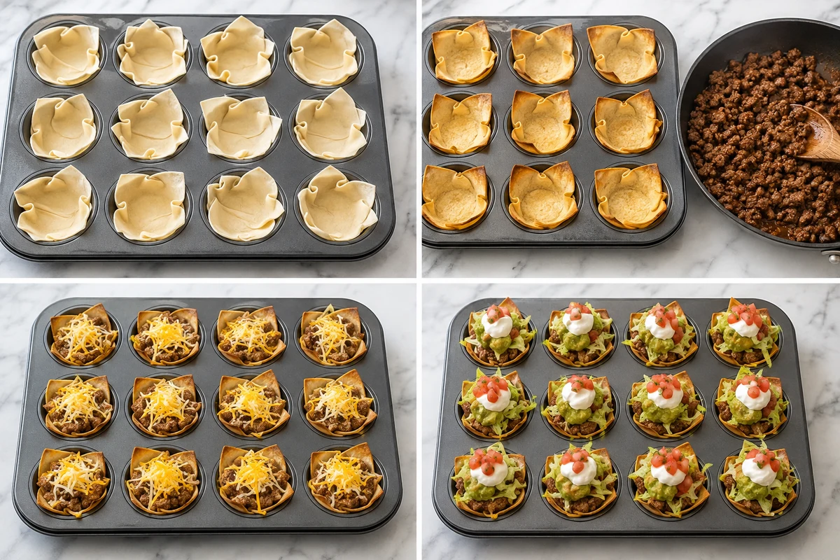 Four stages showing twelve double-wonton cups baked, filled with beef and cheese, and topped