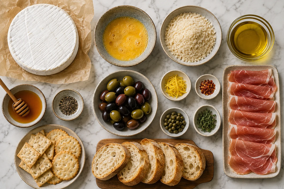 Brie, egg, panko, olive oil, honey, pepper, olives, lemon zest, capers, thyme, prosciutto, crackers, and bread