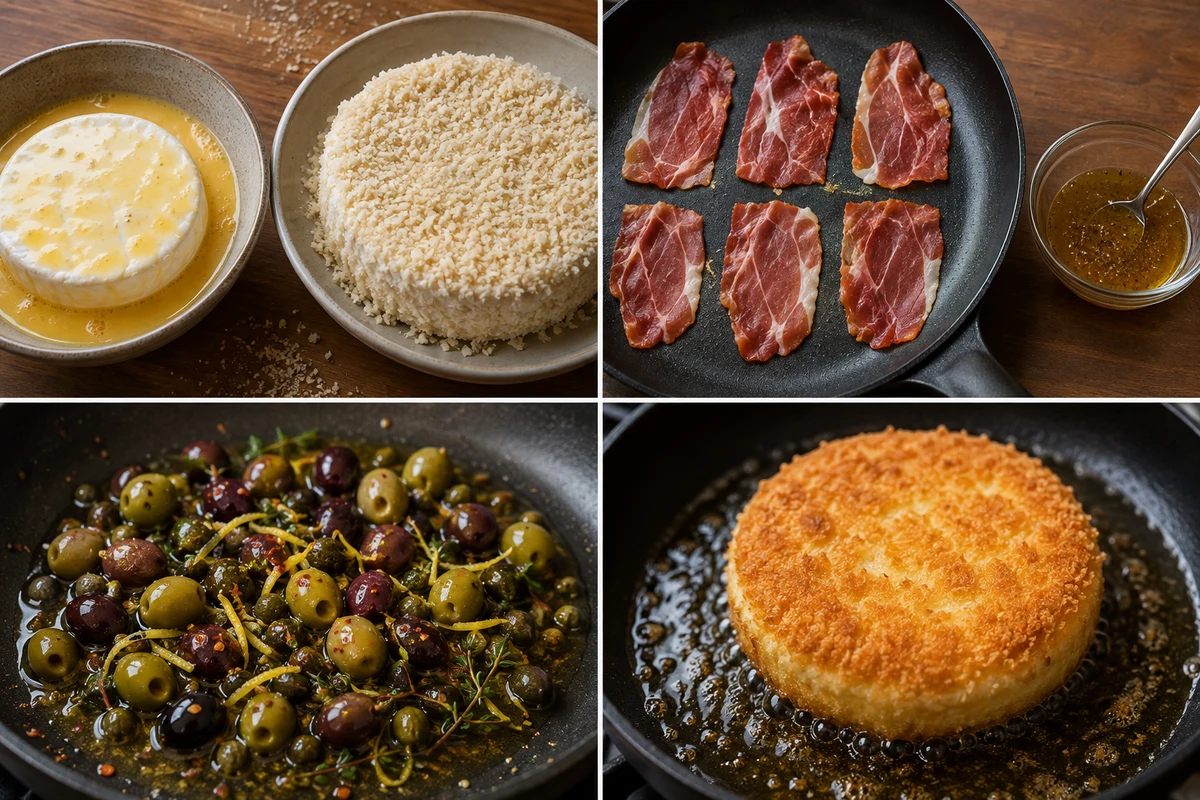Four stages showing Brie breaded, prosciutto crisped with peppered honey, warm olives, and the whole wheel frying