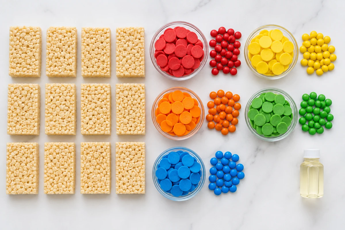 Twelve crispy rice treats, five colors of candy wafers and matching candy-coated chocolates
