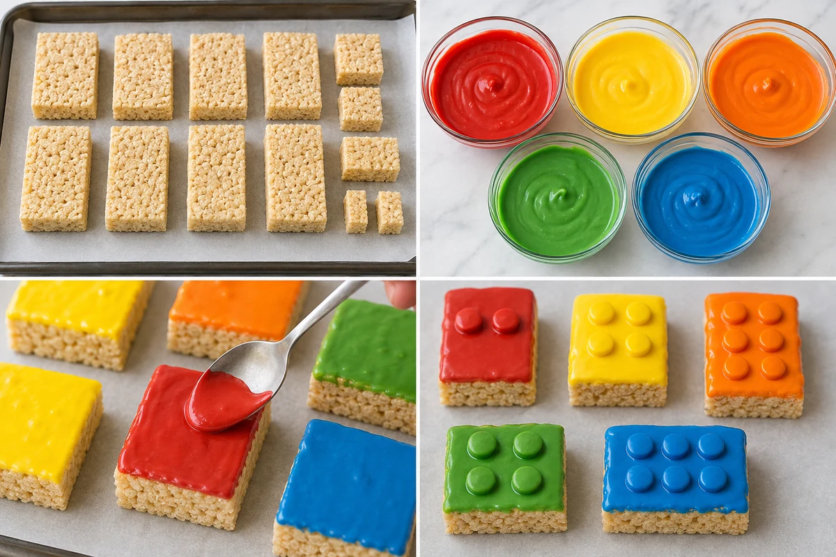 Four stages showing crispy rice treats cut into sizes, five melted colors, coated tops, and matching candy studs