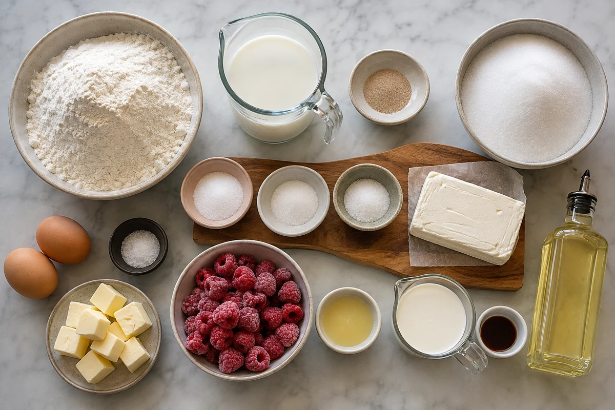 Milk, yeast, flour, eggs, butter, raspberries, cream cheese, cream, vanilla, sugar, and frying oil