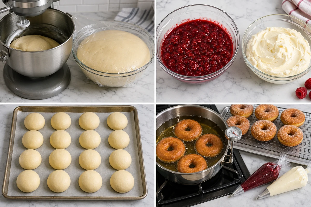 Four stages showing risen dough, raspberry and cheesecake fillings, sixteen dough balls, and frying with piping bags