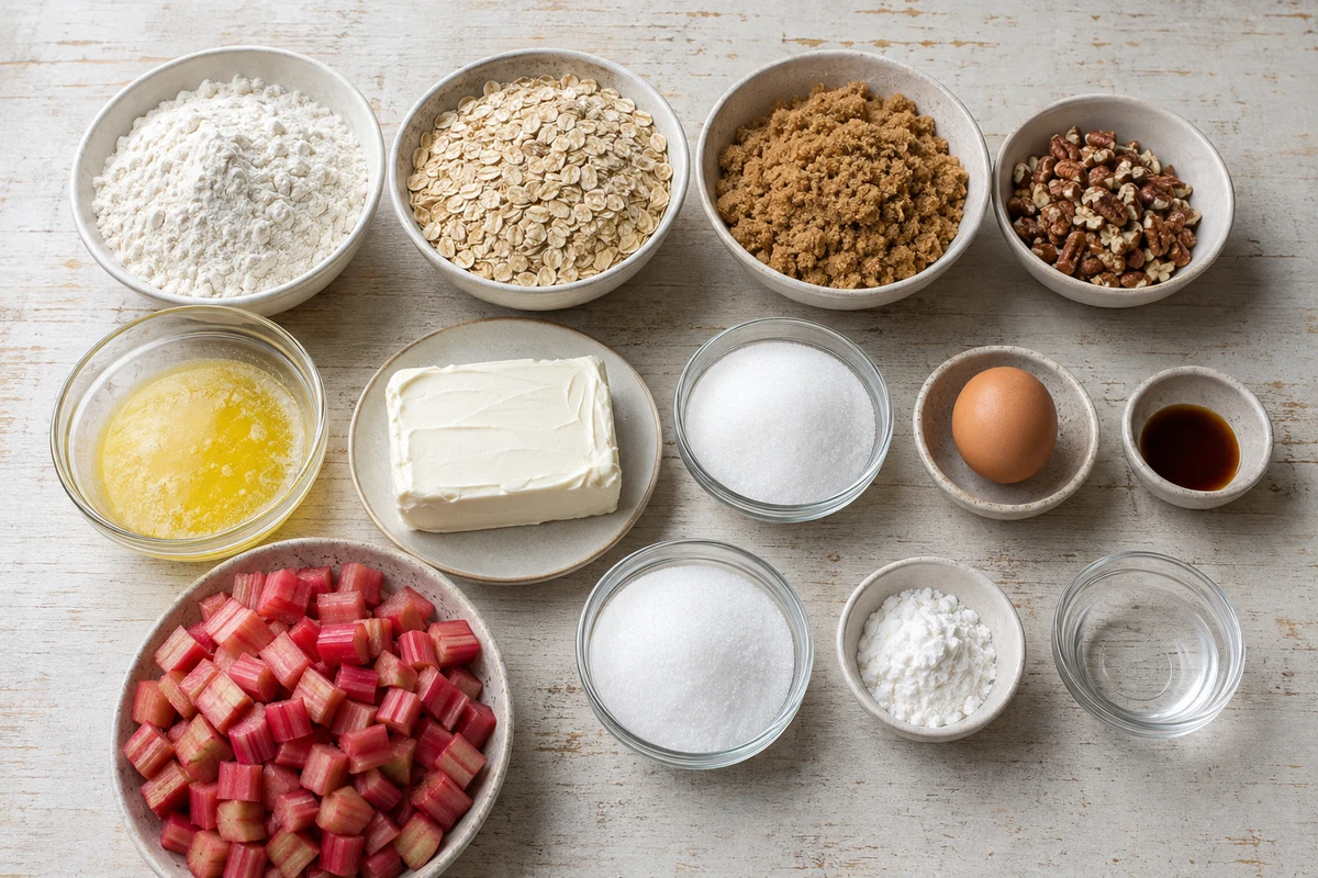 Flour, oats, brown sugar, pecans, butter, cream cheese, egg, vanilla, rhubarb, sugar, cornstarch, and water