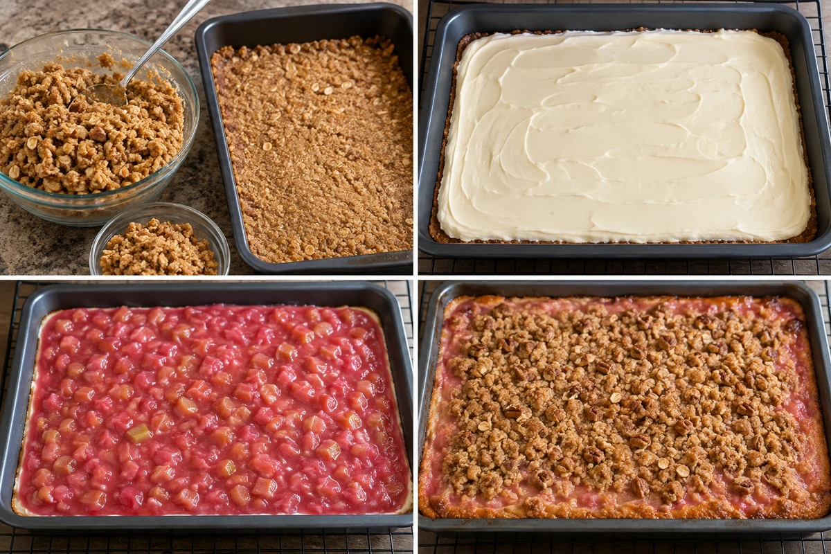 Four stages showing oat crumble crust, cheesecake layer, cooked rhubarb filling, and golden crumb topping