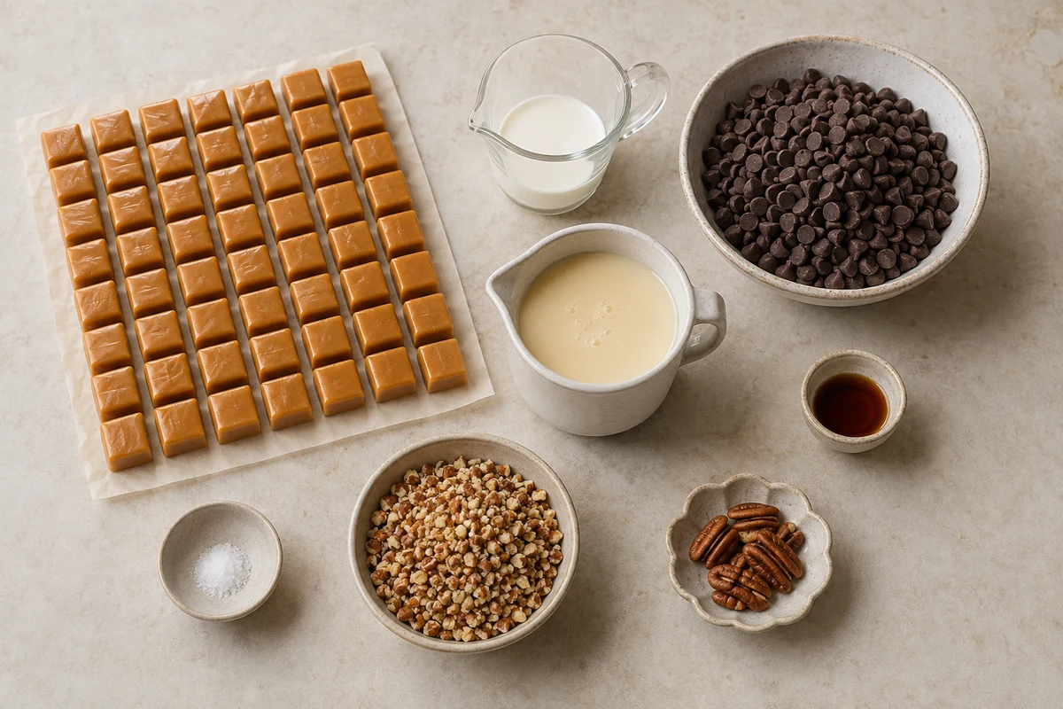 Caramel squares, whipping cream, chocolate chips, condensed milk, vanilla, salt, and pecans