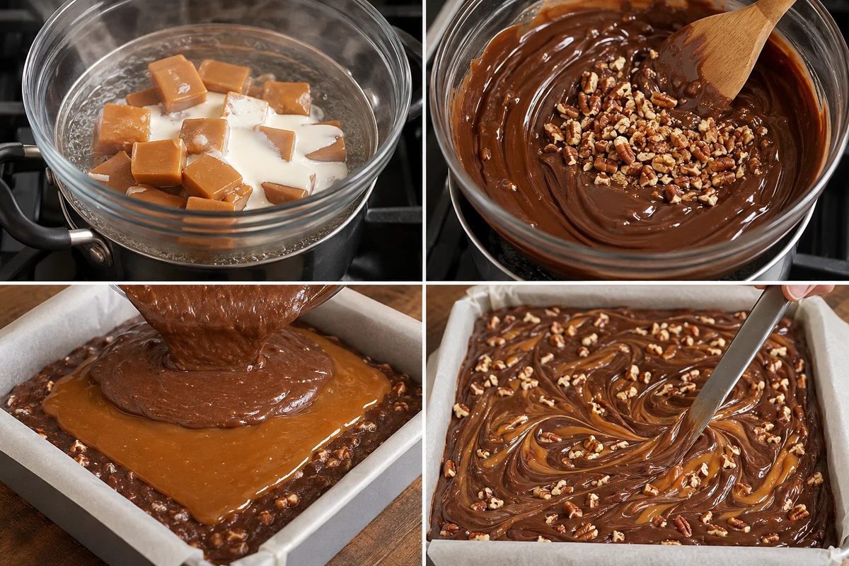 Four stages showing caramel melting, pecans stirred into chocolate, layered fudge, and a marbled swirl