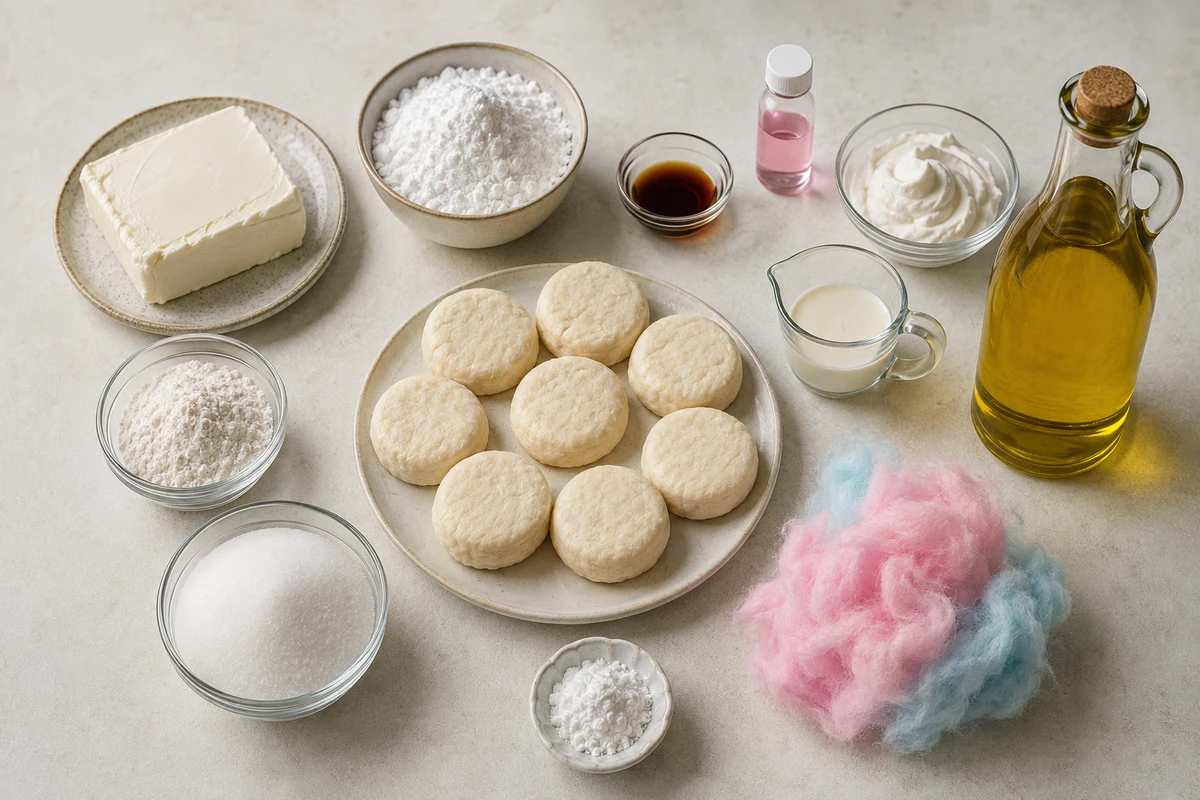 Cream cheese, sugars, vanilla, cotton-candy flavor, whipped topping, cream, eight biscuits, flour, oil, and cotton candy