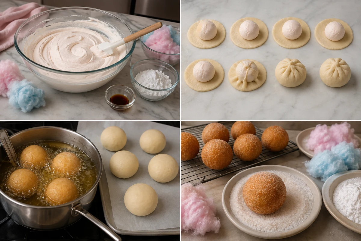 Four stages showing cheesecake filling, eight biscuits filled and sealed, bombs frying at 350 degrees, and warm sugar coating