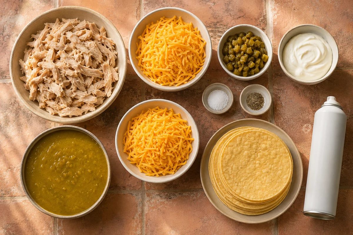 Shredded chicken, two portions cheddar, diced green chiles, sour cream, green sauce, corn tortillas, salt, and pepper
