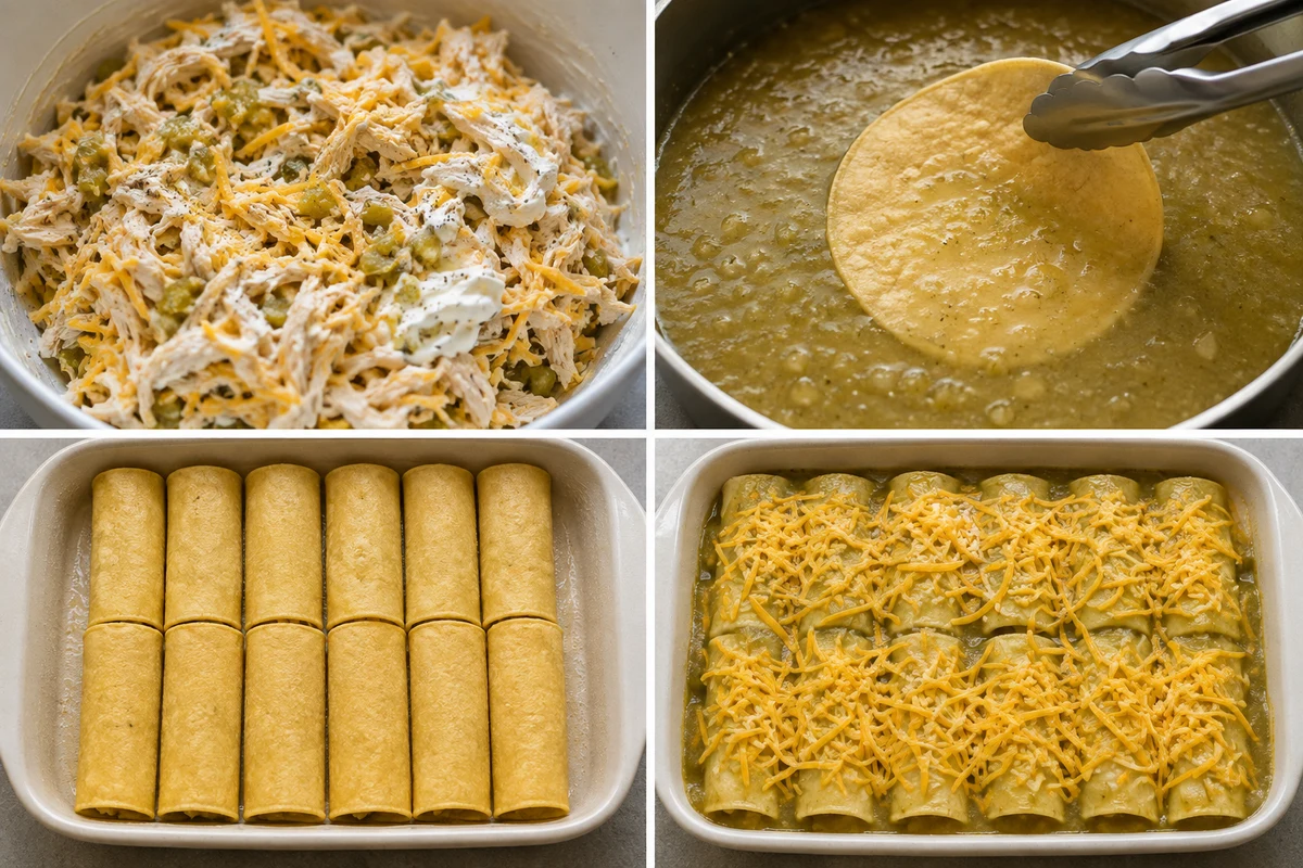 Four stages showing chicken filling, tortilla dipped in green sauce, twelve rolls in a dish, and sauce and cheddar topping