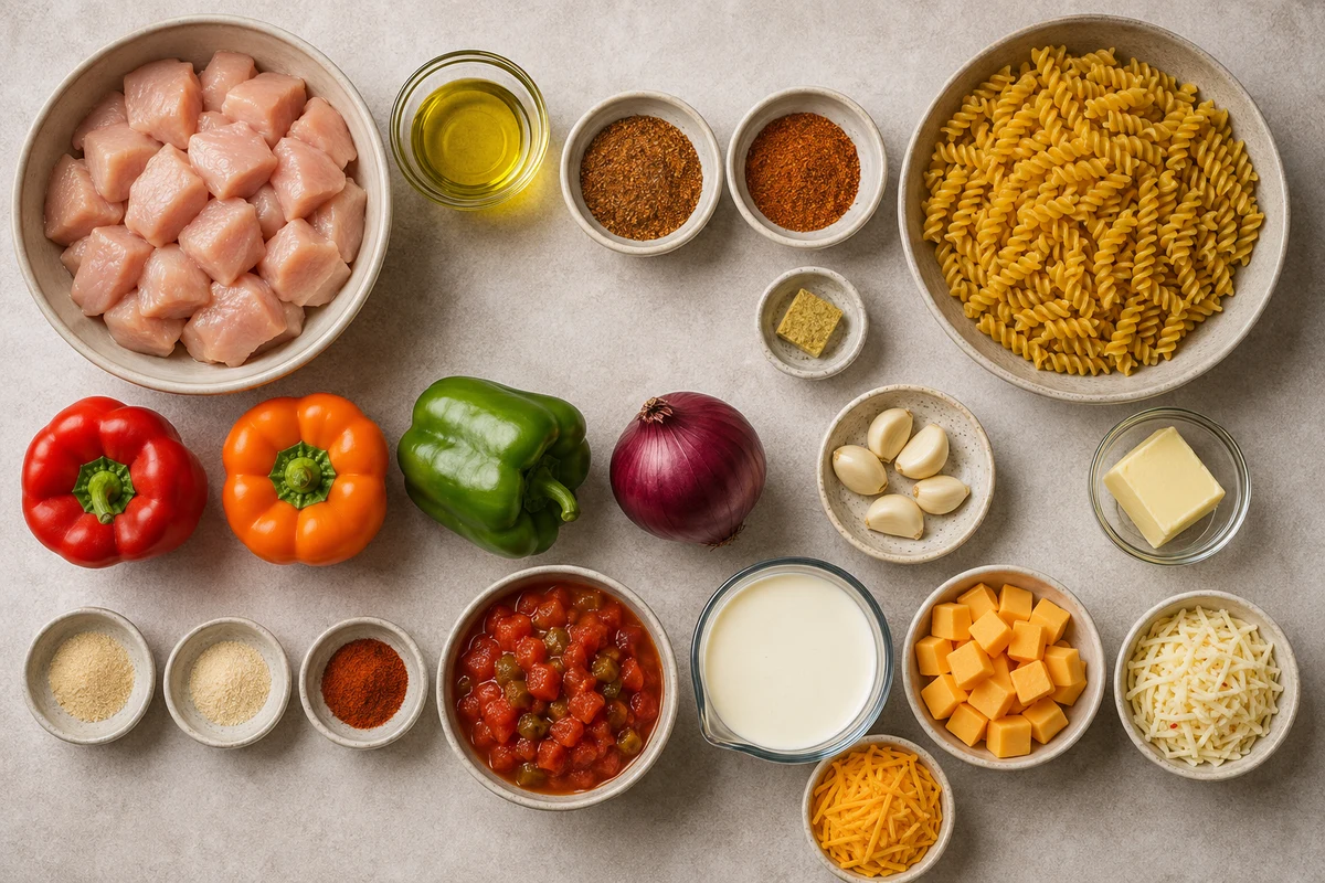 Chicken, rotini, three bell peppers, onion, garlic, tomatoes with chiles, cream, butter, seasonings, and three cheeses