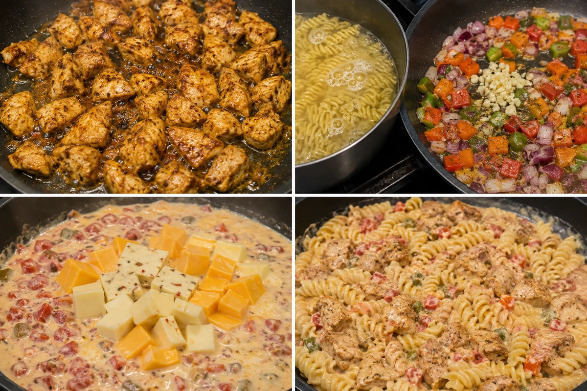 Four stages showing seasoned chicken, rotini and peppers cooking, three cheeses melting, and pasta combined