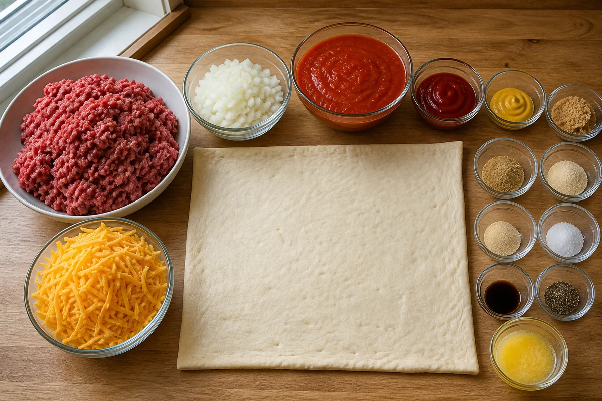 Ground beef, onion, tomato sauce, ketchup, mustard, seasonings, pizza dough, Colby cheese, and butter