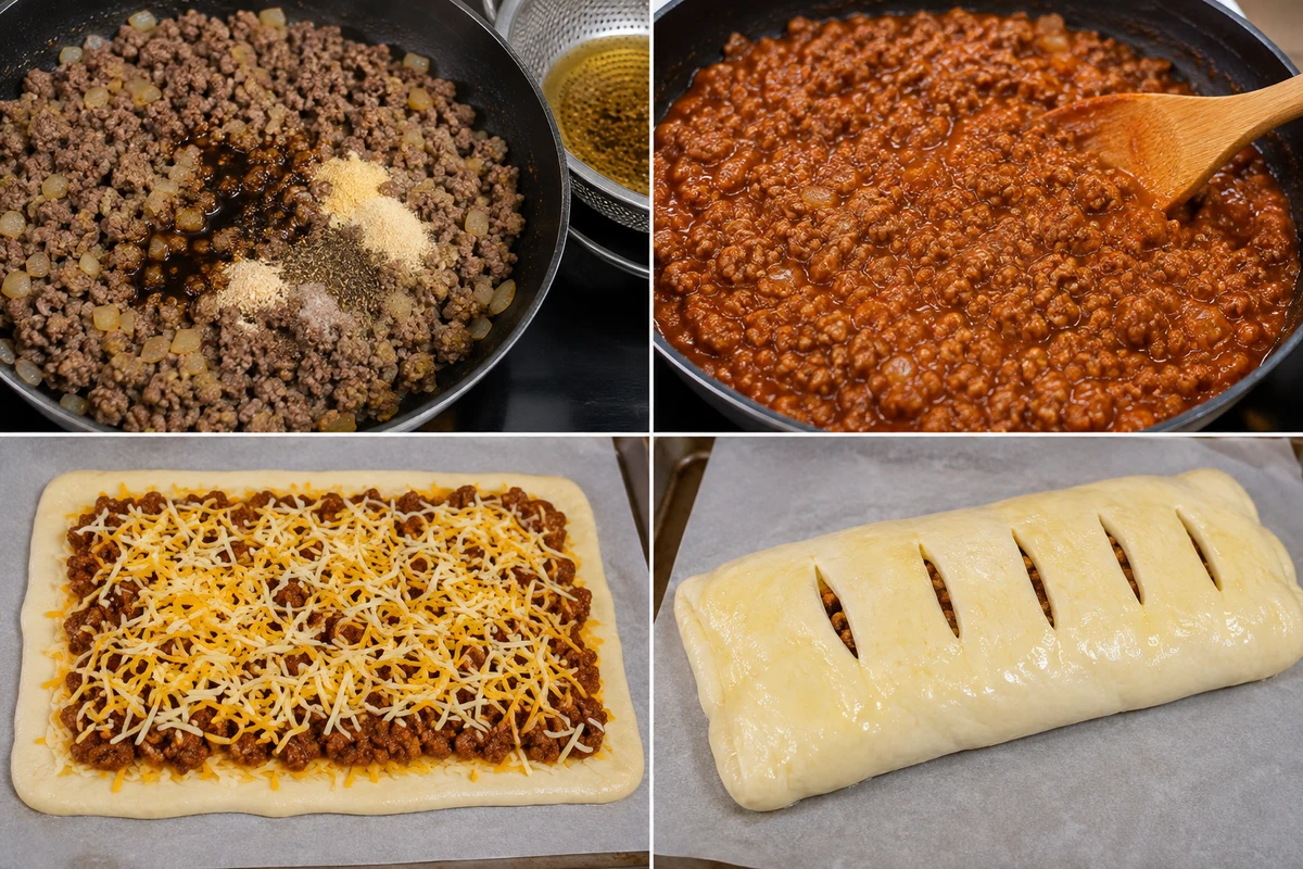 Four stages showing beef browned and seasoned, thick sloppy Joe sauce, cheese and filling layered on dough, and sealed vented stromboli