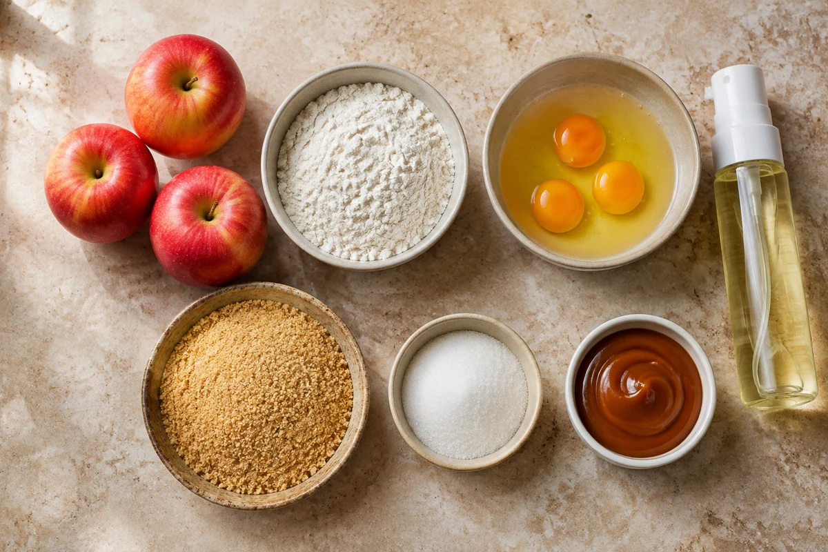 Three Gala apples, flour, three eggs, graham crumbs, sugar, oil spray, and caramel sauce