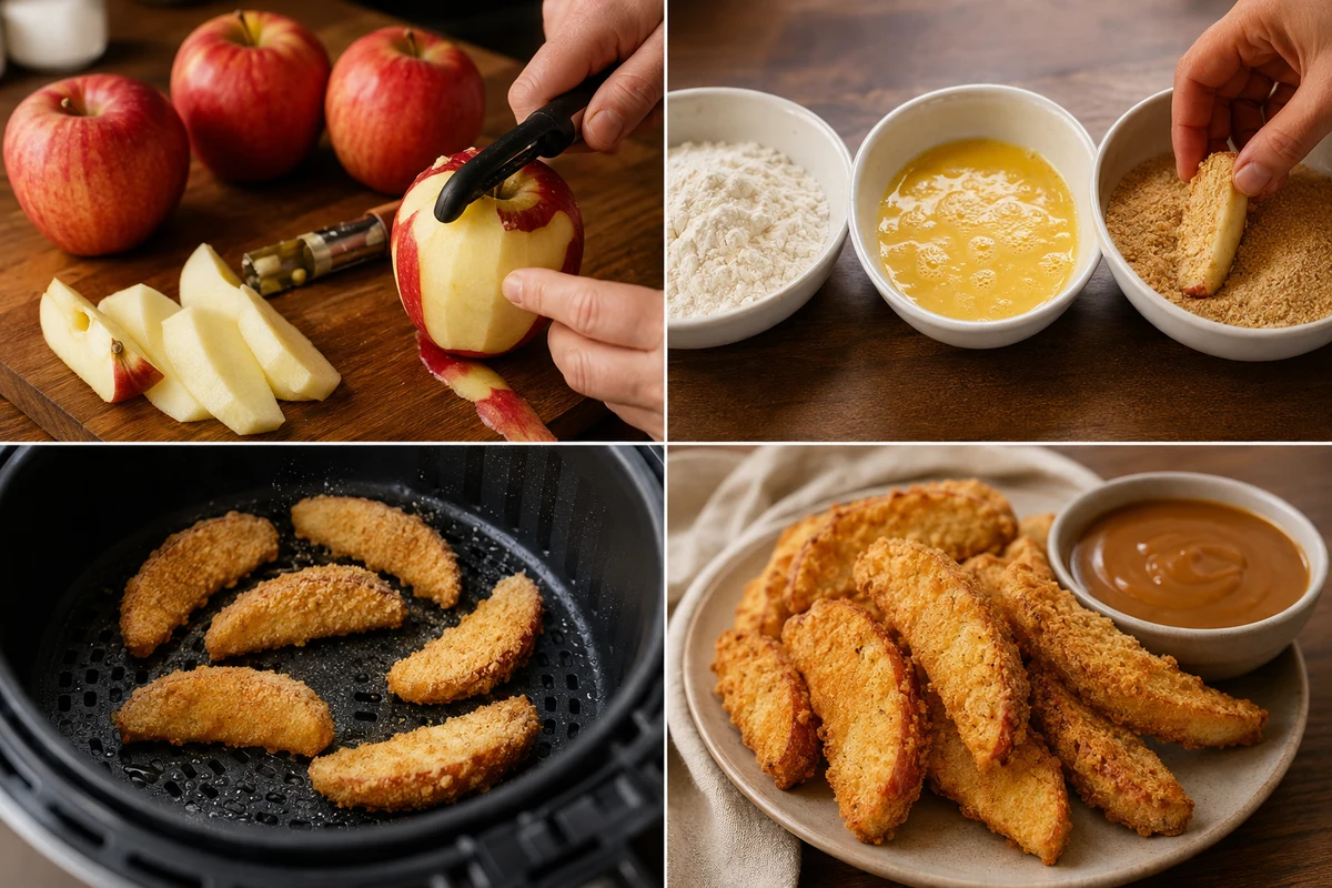 Four stages showing Gala apples prepared, a wedge breaded, a small batch air fried, and crisp apple fries served with caramel