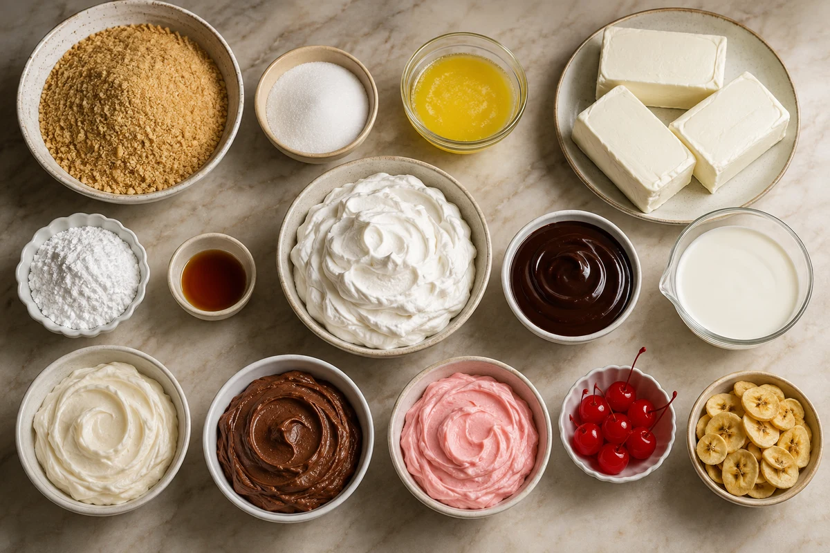 Graham crust ingredients, cream cheese filling, hot fudge, whipped cream ingredients, three frostings, cherries, and banana chips