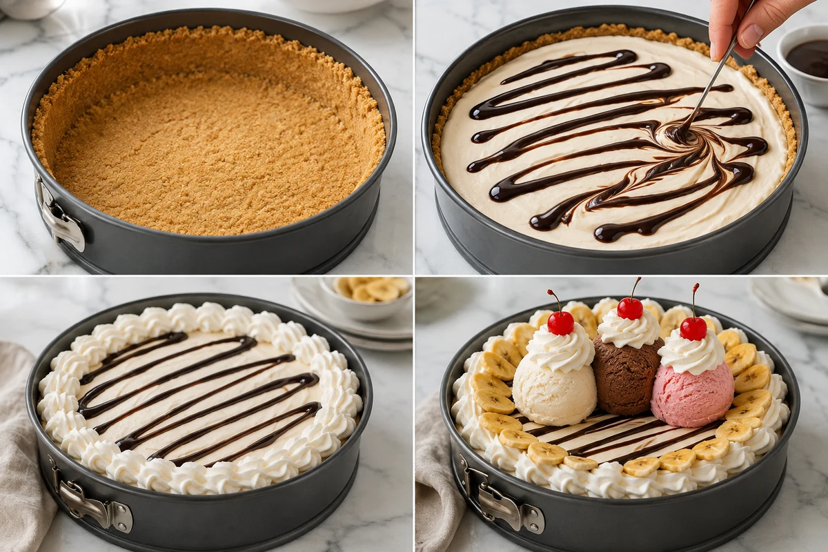 Four stages showing the graham crust, fudge-swirled filling, whipped border and fudge drizzle, and three-flavor decorated pie