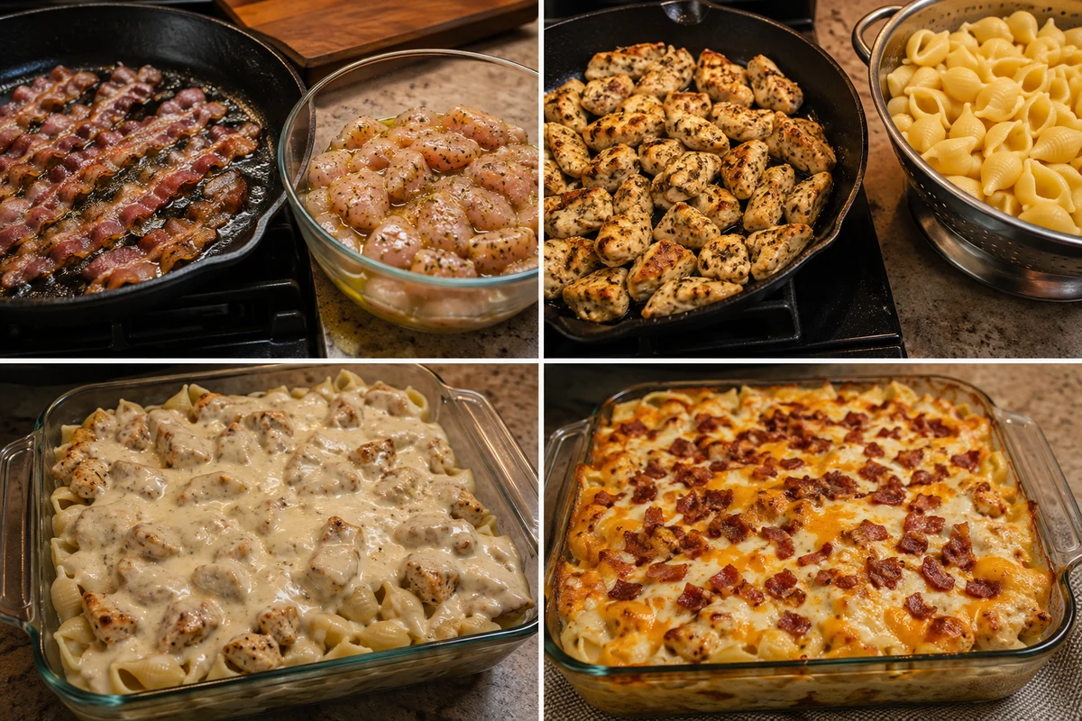 Four stages showing bacon and ranch-coated chicken, cooked chicken and shells, Alfredo assembly, and the baked cheesy casserole