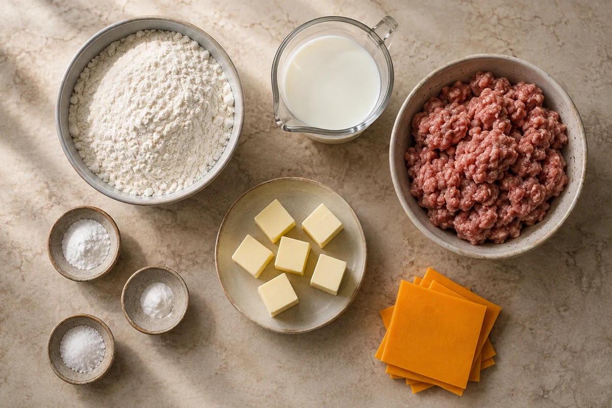 Flour, leaveners, salt, six cubes of cold butter, buttermilk, breakfast sausage, and optional cheddar