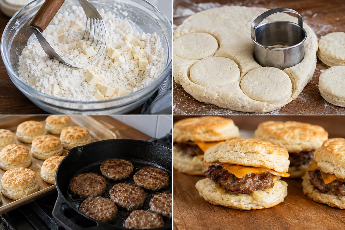 Four stages showing butter cut into flour, biscuits cut, biscuits baked with sausage patties, and sandwiches assembled