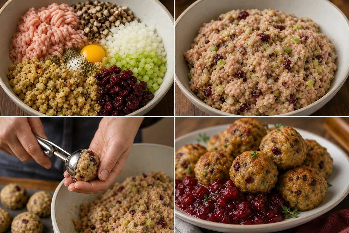 Four stages showing ingredients combined, mixture mixed, meatballs shaped, and baked meatballs served with cranberry sauce