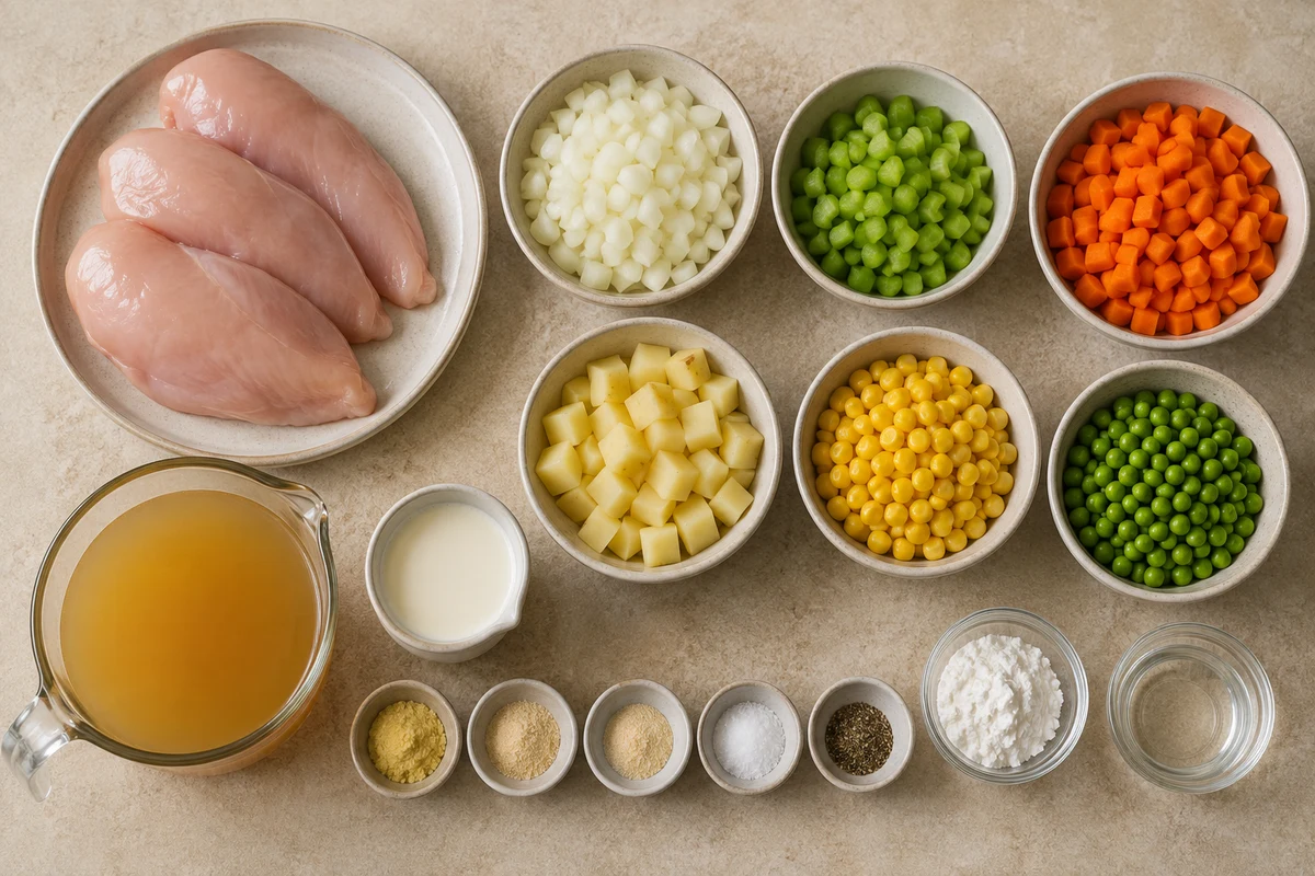 Three chicken breasts with onion, celery, carrots, potatoes, corn, peas, broth, cream, seasonings, and slurry ingredients