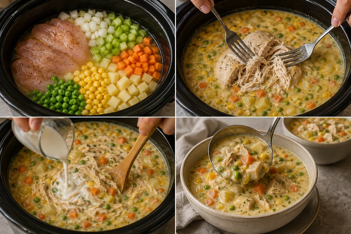 Four stages showing the soup loaded, chicken shredded, cream and slurry stirred in, and finished soup served