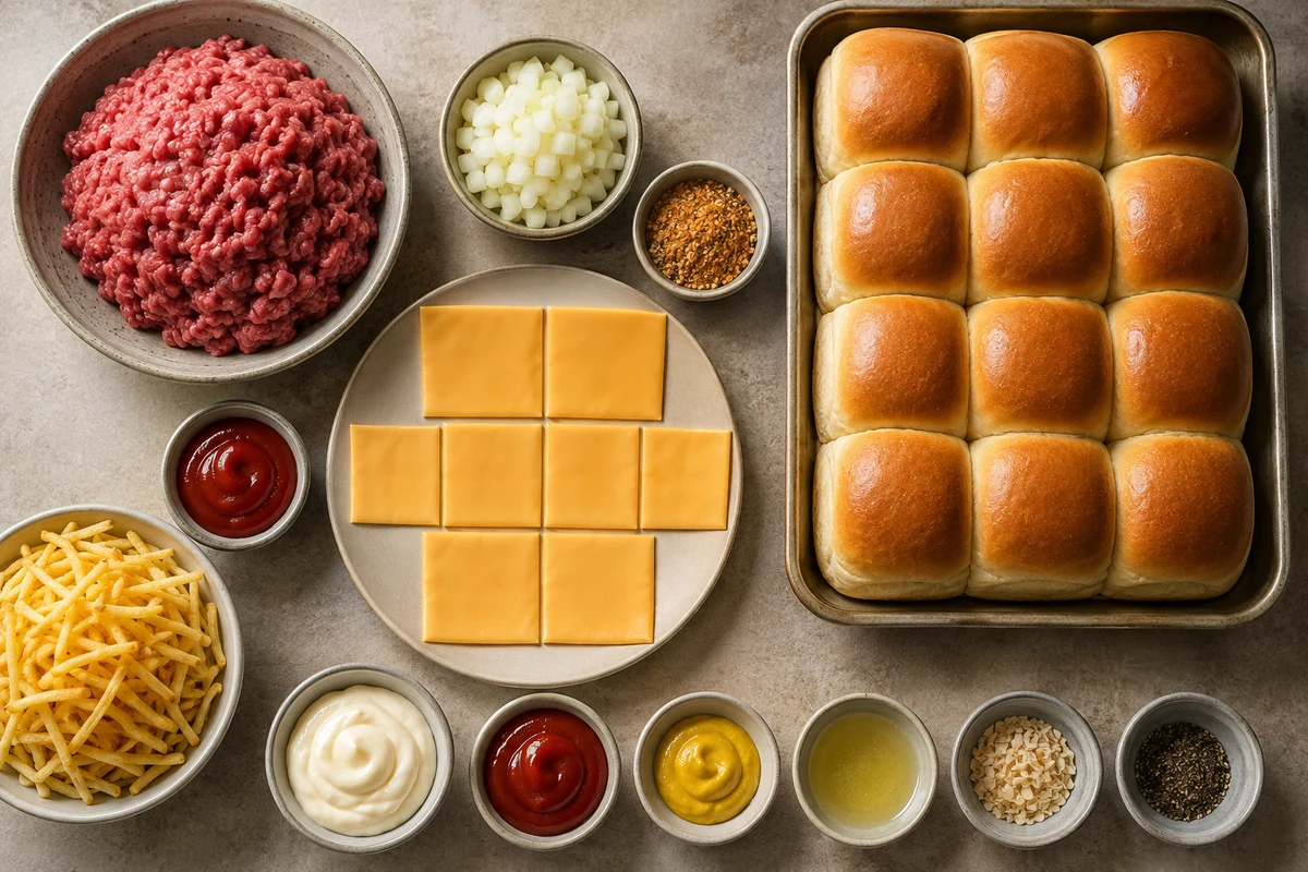 Ground beef, onion, seasoning, ketchup, fries, eight cheese slices, twelve slider rolls, butter, and burger sauce ingredients