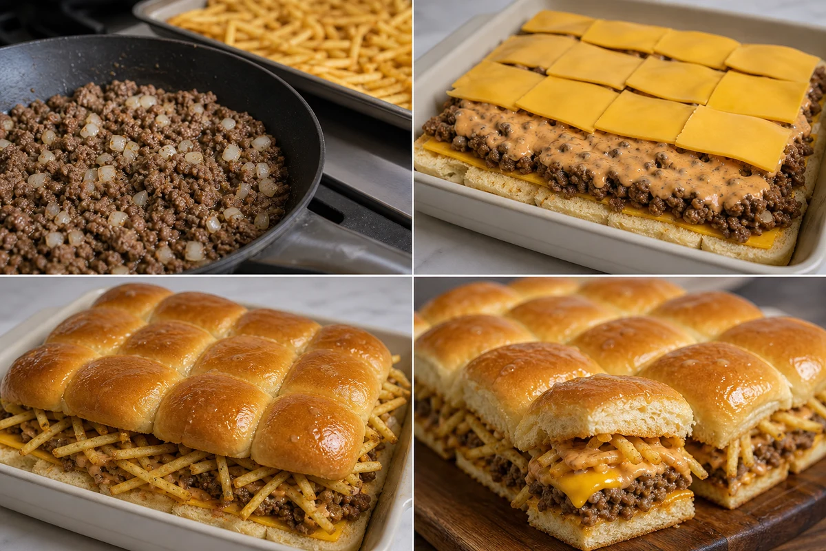 Four stages showing beef and fries cooked, sliders layered, buttered roll tops added, and finished sliders served