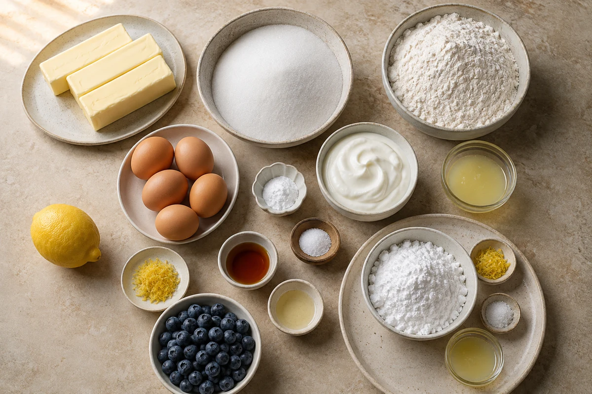 Butter, sugar, five eggs, flour, sour cream, lemon, extracts, blueberries, and lemon glaze ingredients